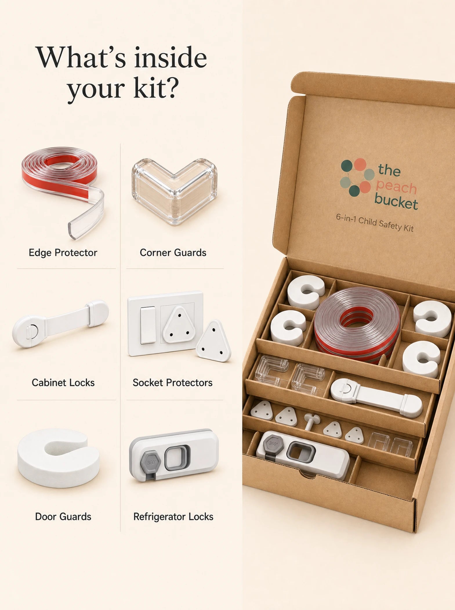 Childproof your home in Under 30 Minutes With the 6-in-1 Peach Bucket Child Safety Kit.